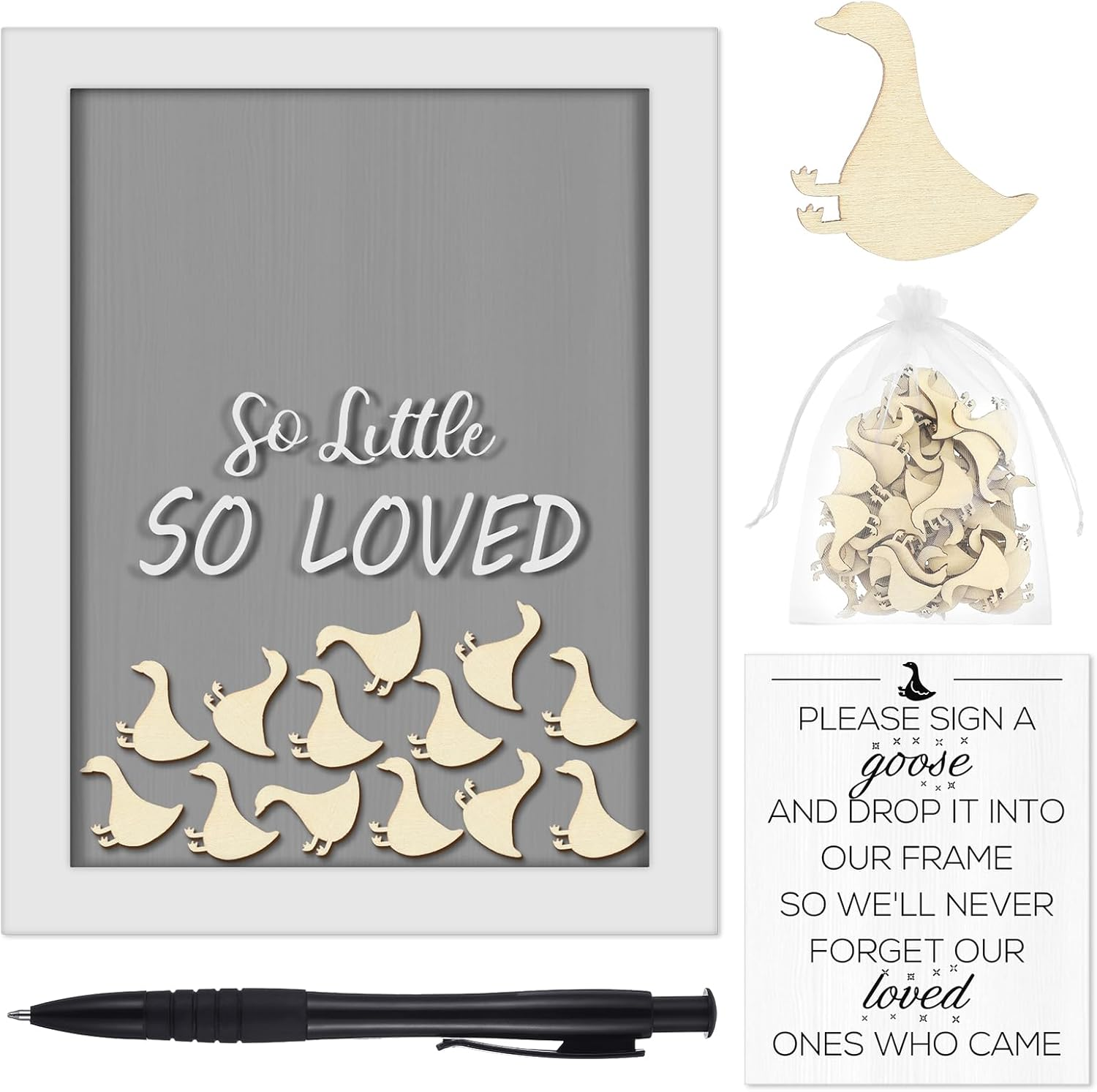 Chunful so Little so Loved Wooden Goose Token Frame, 1 Goose Baby Shower Frame Guestbook, Gender-Neutral Pregnancy Keepsake with 65 Signature Tokens and Pen, Gray and White image number 3