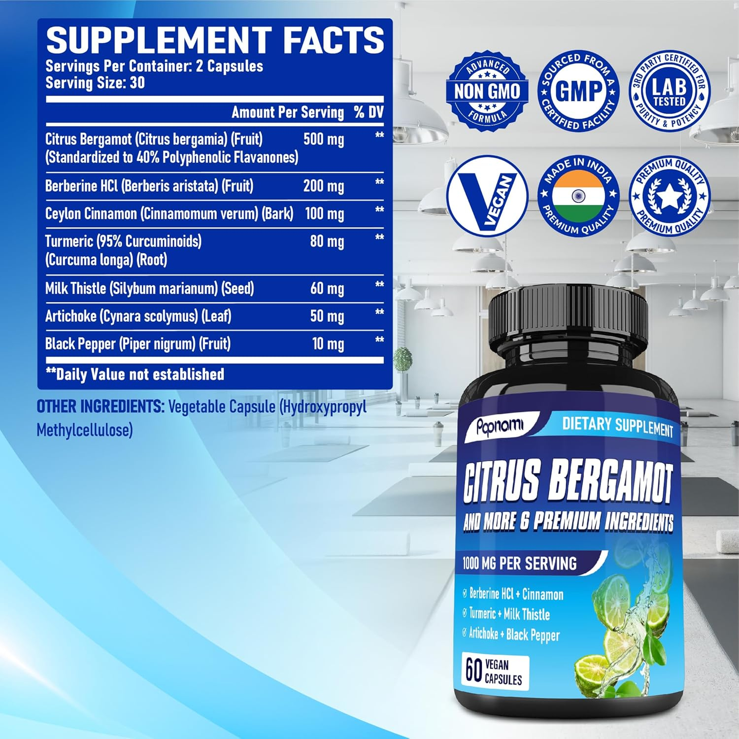 Papnami 7In1 Citrus Bergamot Supplement - Blended with Berberine Hcl, Cinnamon Bark, Turmeric, Milk Thistle, Artichoke Leaf & Black Pepper | 60 Count image number 5