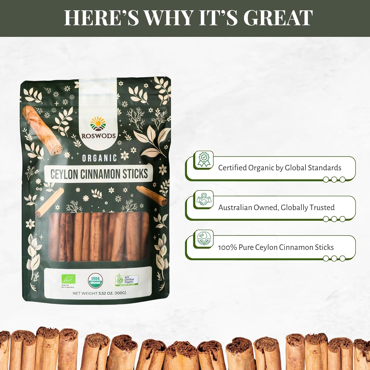 Roswods Australian Certified Pure Ceylon Organic Cinnamon Sticks &ndash;Pure Organic Ceylon Cinnamon-50G image number 1