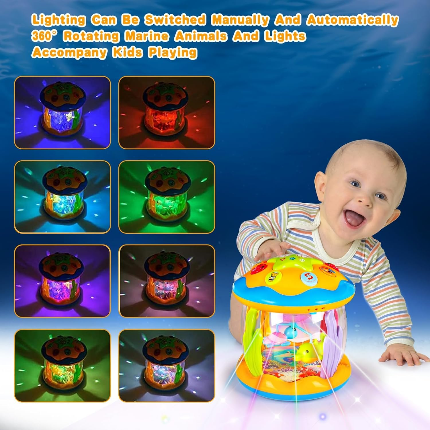 Baby Toys 6 to 12 Months Musical Light up Tummy Time Toy Ocean Rotating Projector for Infant 3-6 7 8 9 12-18 Month Baby Learning Crawling Birthday for 1 2 3 Year Old Boys Girls (Yellow) image number 3