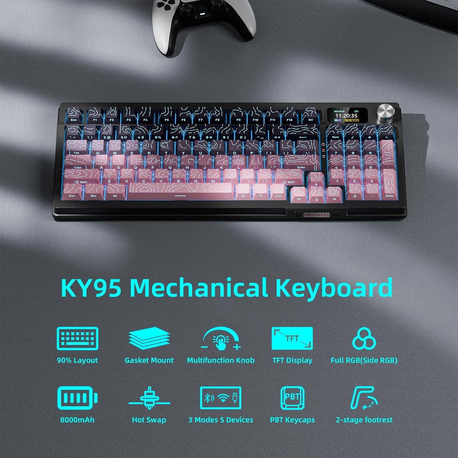 Kutethy Wireless Mechanical Keyboard,Pre-Lubed Switches,Gasket Structure,Tri-Mode Bt/2.4Ghz/Usb-C Hot Swappable,Gradient Topographic Keycaps,Rgb Backlit Gaming Keyboard(Kailh Box Chocolate Switch) image number 6