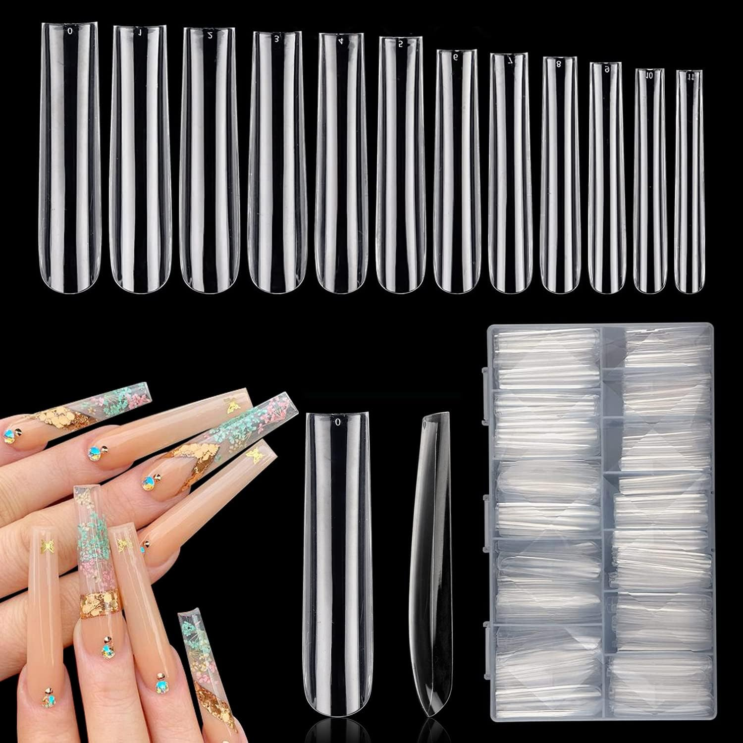 LIONVISON 3XL Clear Full Cover Square Nail Tips for Acrylic Nails Professional, 504PCS Extra Long Tapered Square Straight Nails Tips, 12 Sizes Press on Gel False Nail Tips for Nail Salons Home DIY image number 6