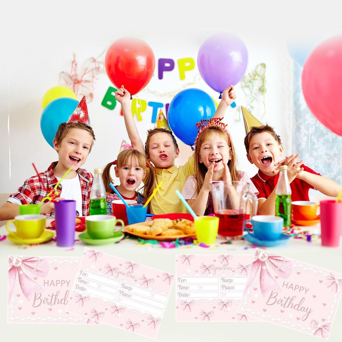 OUSHISS 24Pcs Pink Bow Birthday Party Invitation Cards, Pink Bow Coquette Birthday Party Supplies, Bow Kids Party Decoration Supplies image number 3