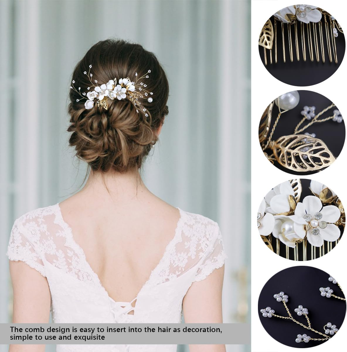 FERCAISH Wedding Hair Comb Flower, Crystal Bridal Hair Accessories, Pearl Leaf Headpiece for Wedding Bride Bridesmaid (White)