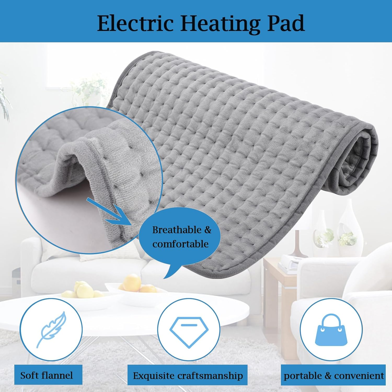 Biutee Electric Heating Pad for Back Pain Relief - 60X30Cm Large Heating Pad with 10 Temperature & 3 Timer Settings, Machine Washable Heat Pad for Lower Back, Muscle, Period Cramps (Auto Shut Off) image number 3