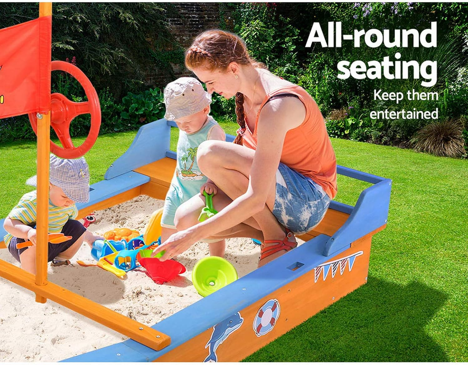 Keezi Kids Sandpit, Wooden Water Table Sand Pit Play Toys Sandcastle Garden Patio Beach Activity Outdoor Toy Games, with Canopy Ground Sheet Steering Wheel Multi-Coloured image number 4