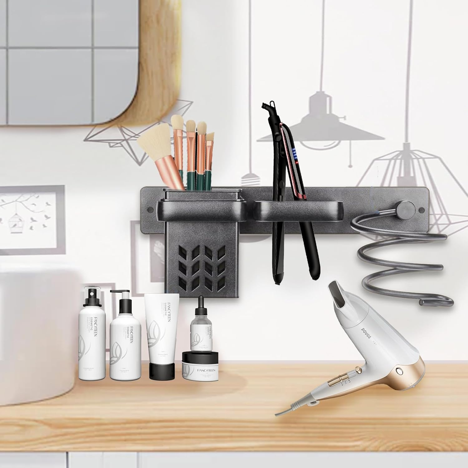 Teaque Hair Dryer Holder, Hair Dryer Holder, Wall No Drilling, Aluminium Hair Dryer Holder with Plug Holder & Storage, Bathroom Organiser for Hotel, Bathroom, Living Room, Barbershop (Black) image number 1