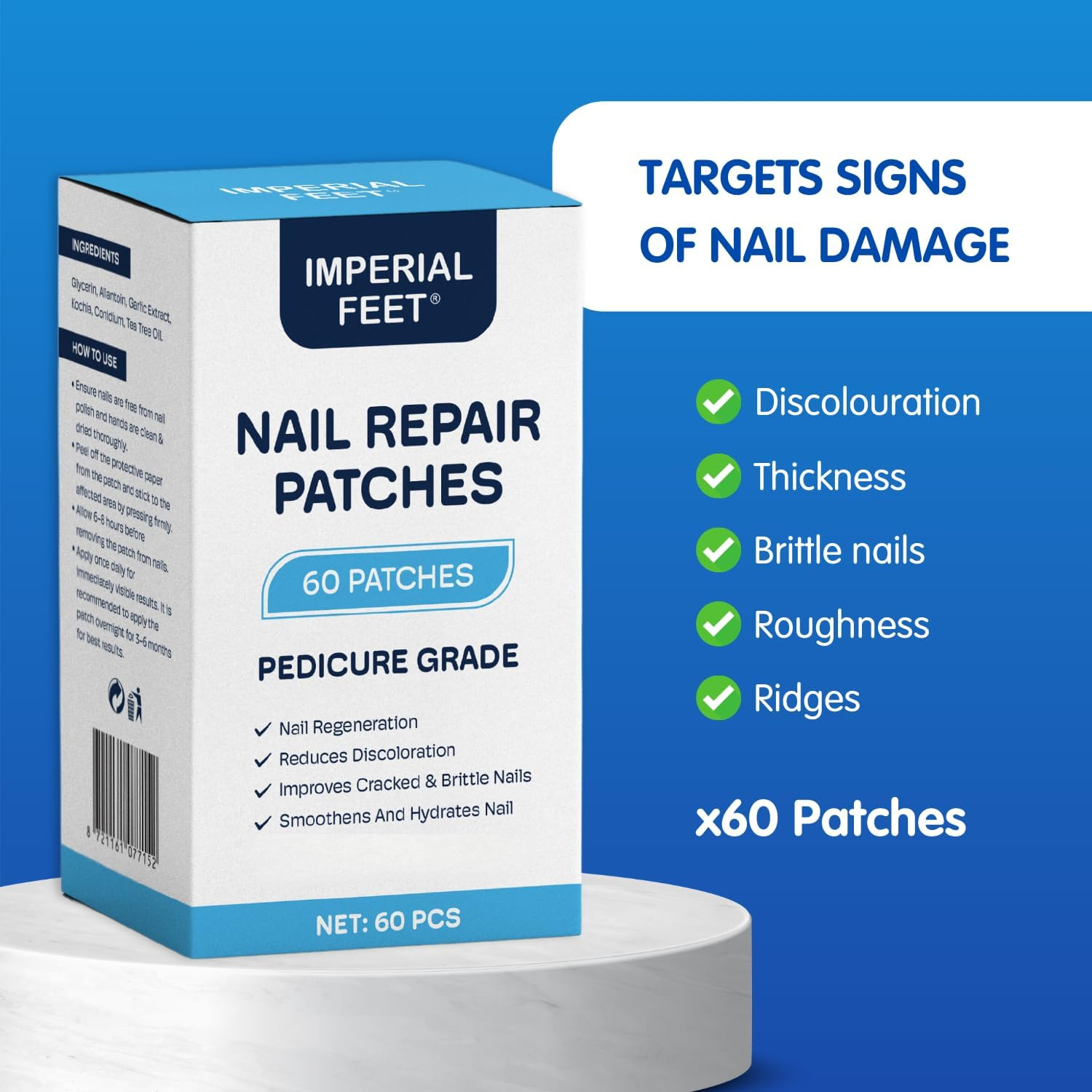 Imperial Feet Nail Repair Patches (PEDICURE Grade)-Nail Regeneration, Reduces Discoloration, Improves Cracked, Brittle Nails, Thickness, Roughness, & Ridges - Smoothens and Hydrates Nail - 60 Patches image number 3