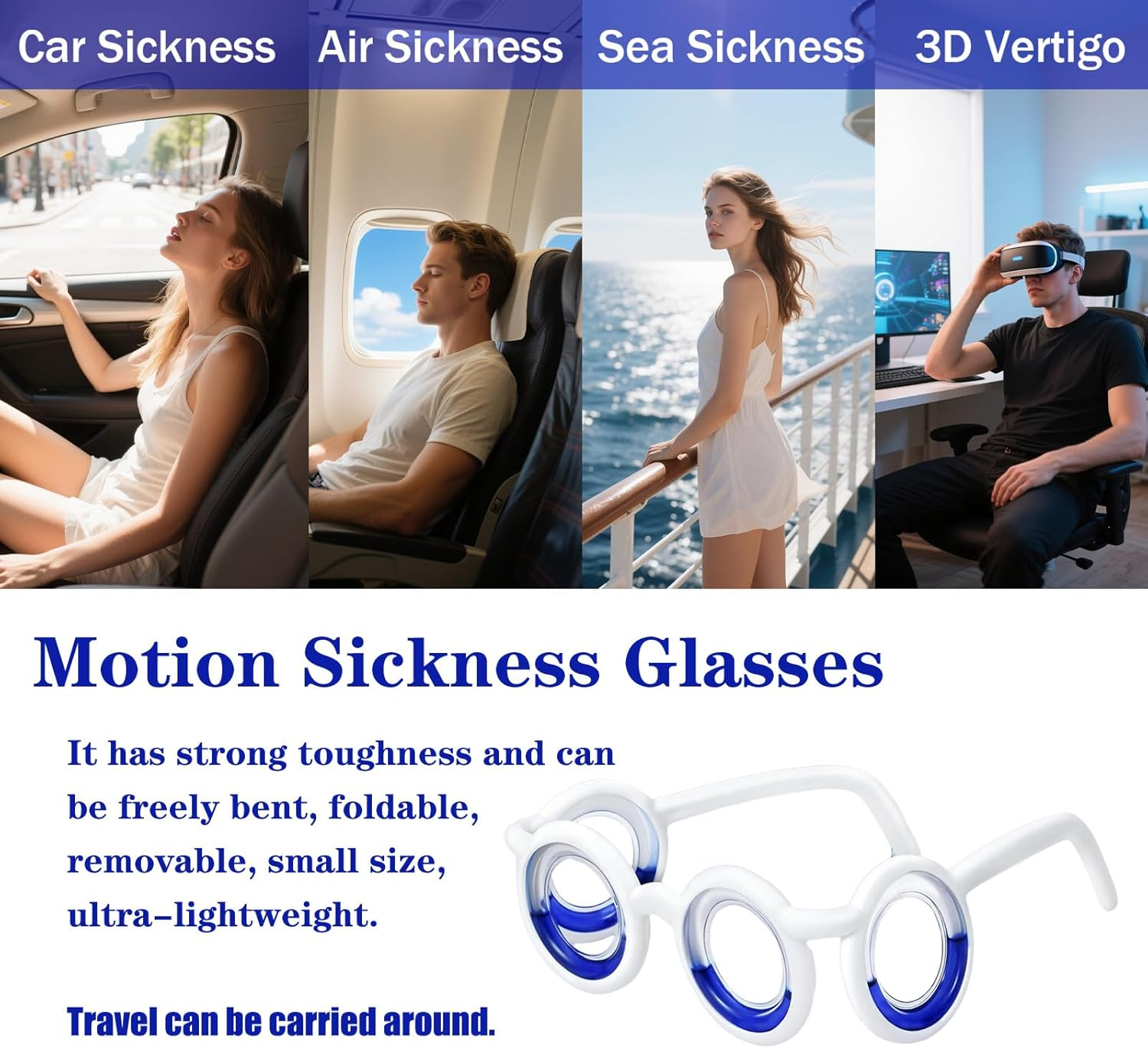 Motion Sickness Glasses, Portable Motion Sickness Glasses, Lens-Free Liquid Glasses, Suitable for Dizziness Caused by Motion Sickness, Seasickness, and Movement in Adults and Children.