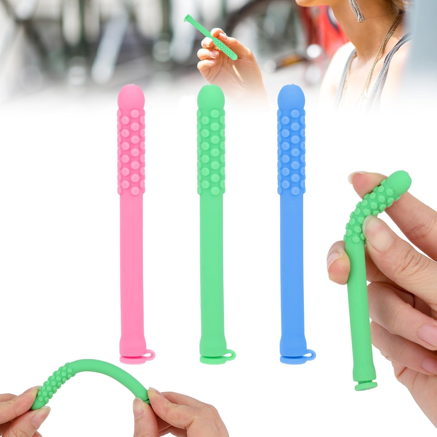 Lasuroa 3Pcs Chewable Breather Quit, 3 Colors Silicone Chewable Breather Stick with Essential Oil Portable Essential Oil Stick Stop Smoking for Aromatherapy on the Go Natural Focus image number 1