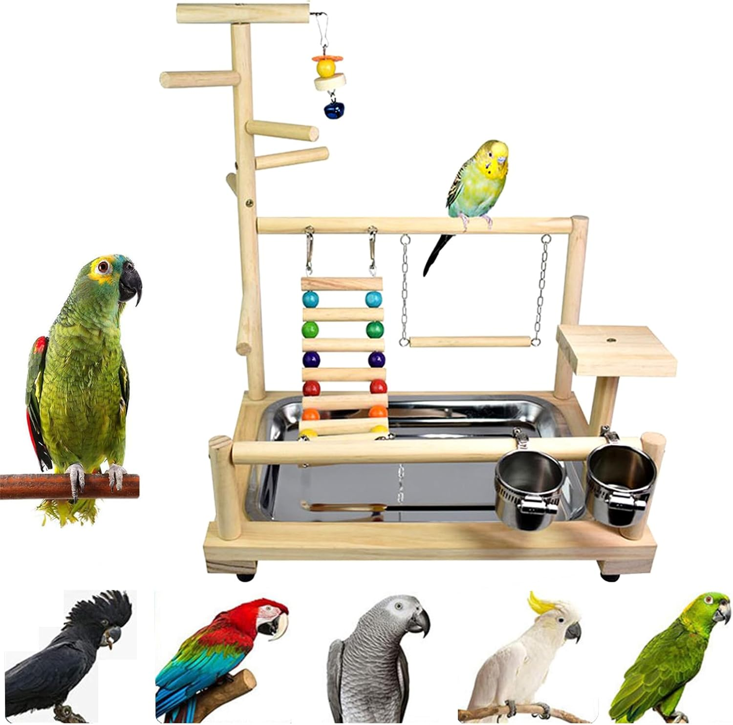 Bird Playground, Bird Perch, Parrot Stand, Wood Perch Gym Playpen Ladder with Feeder Cups Toys Exercise Play(36,5 * 23 * 57CM) - 12 image number 3
