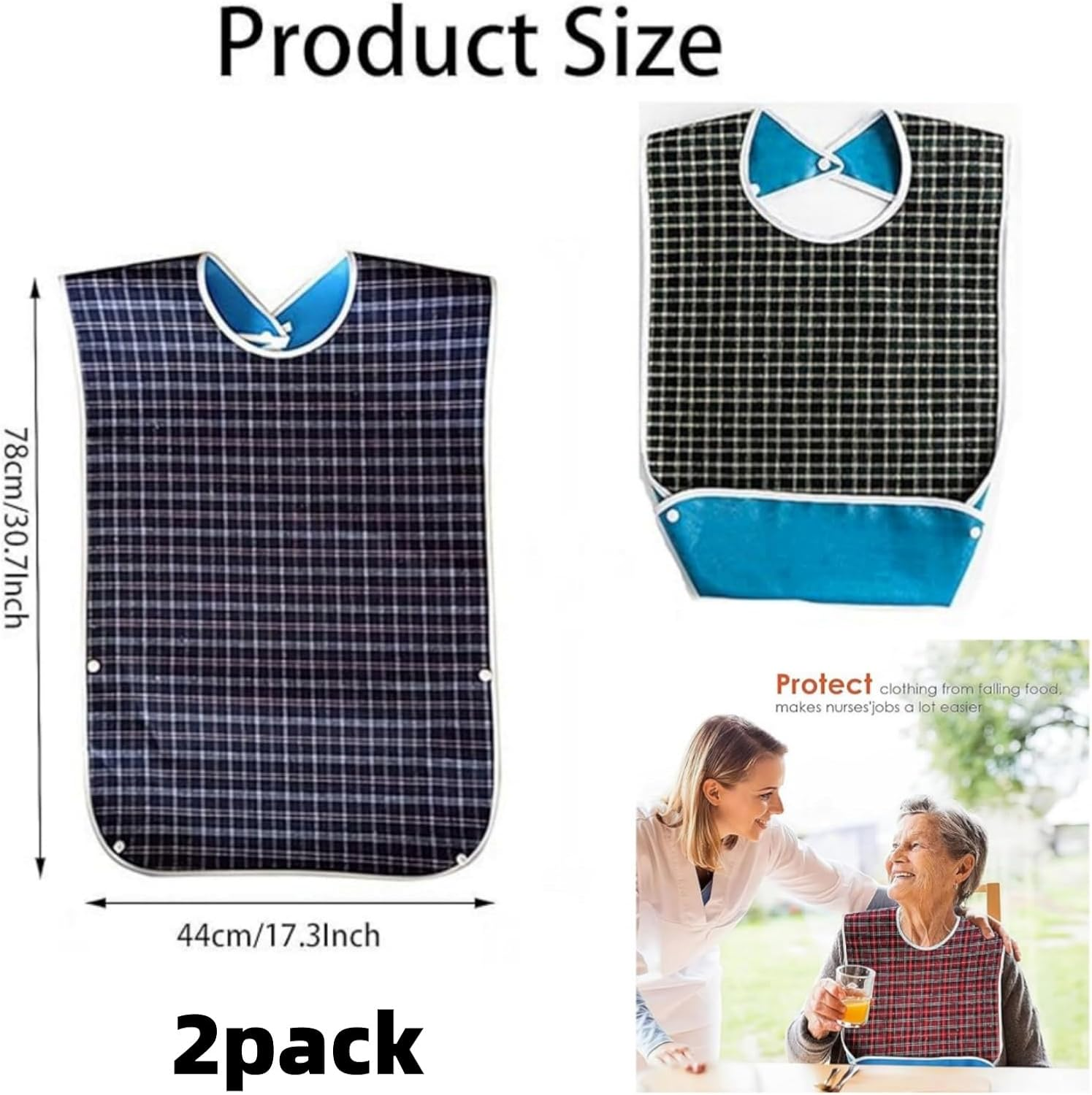Waterproof and Reusable Washable Mealtime Clothing Protectors for Elderly Men and Women, Checkered, 2Pcs Adult Bibs with Crumb Catcher image number 4