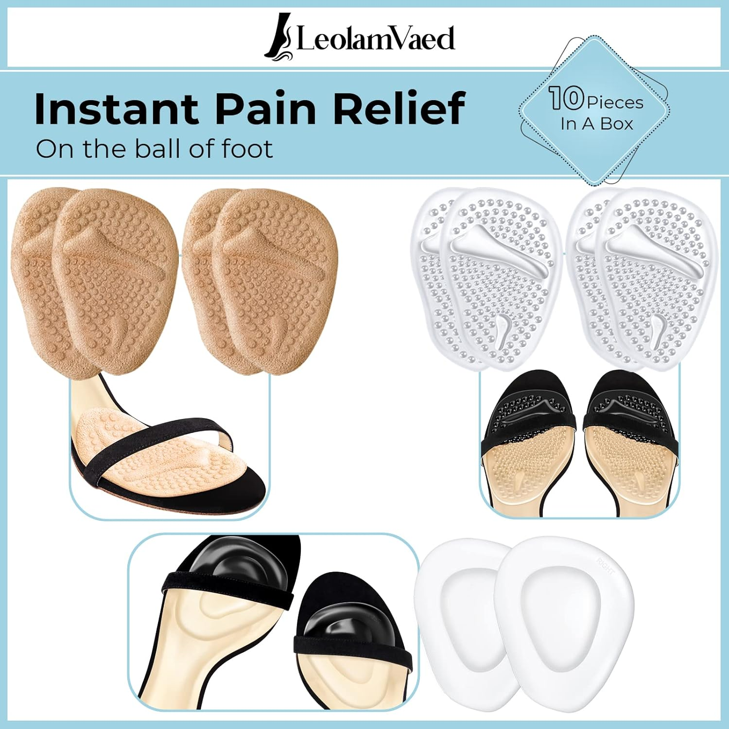 Reusable Metatarsal Pads Women, Ball of Foot Cushions for Women All Day Pain Relief and Comfort, Washable Heel Pads One Size Fits All High Heel Inserts (10 Pieces in a Set)