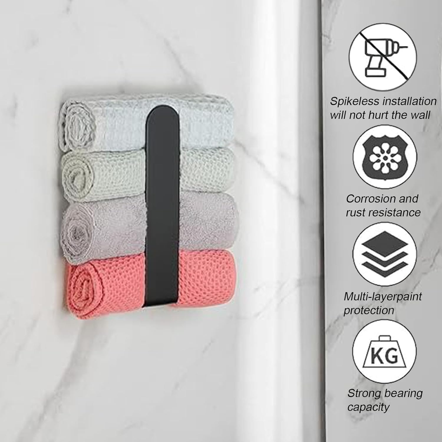 KUBDPQOR Dish Towel Holder, Sink Organiser, Self-Adhesive Tea Towel Holder, Stainless Steel Dish Cloth Holder, with Tea Towels, Black, Tea Towel Holder, Kitchen, Tea Towel Holder, No Drilling Required image number 2