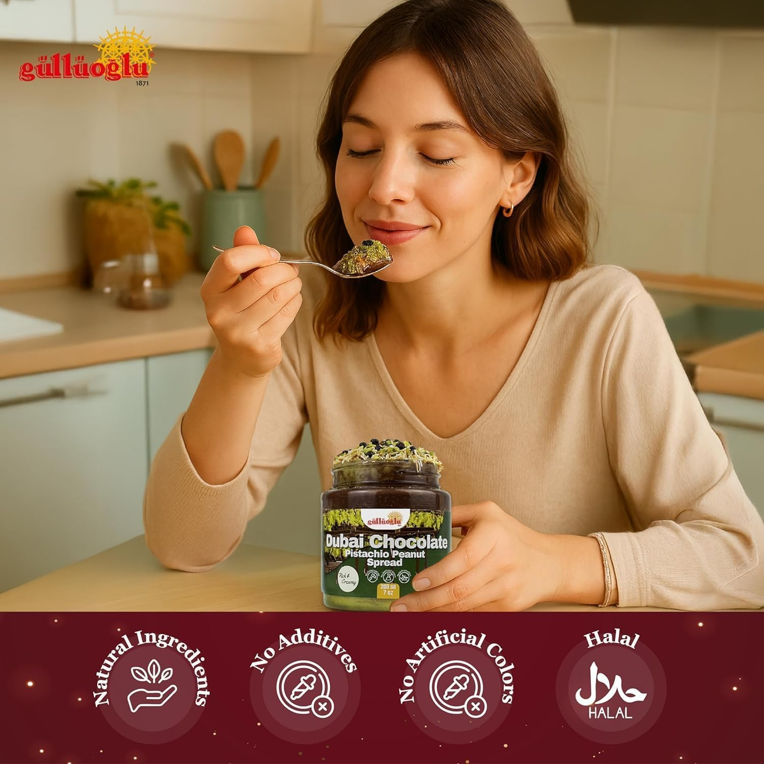 Gulluoglu Dubai Chocolate Pistachio Peanut Spread &ndash; Rich & Creamy Middle Eastern Chocolate Paste with Roasted Pistachios & Peanuts, 7 Oz (200G) Jar &ndash; Gourmet Halal Dessert image number 1