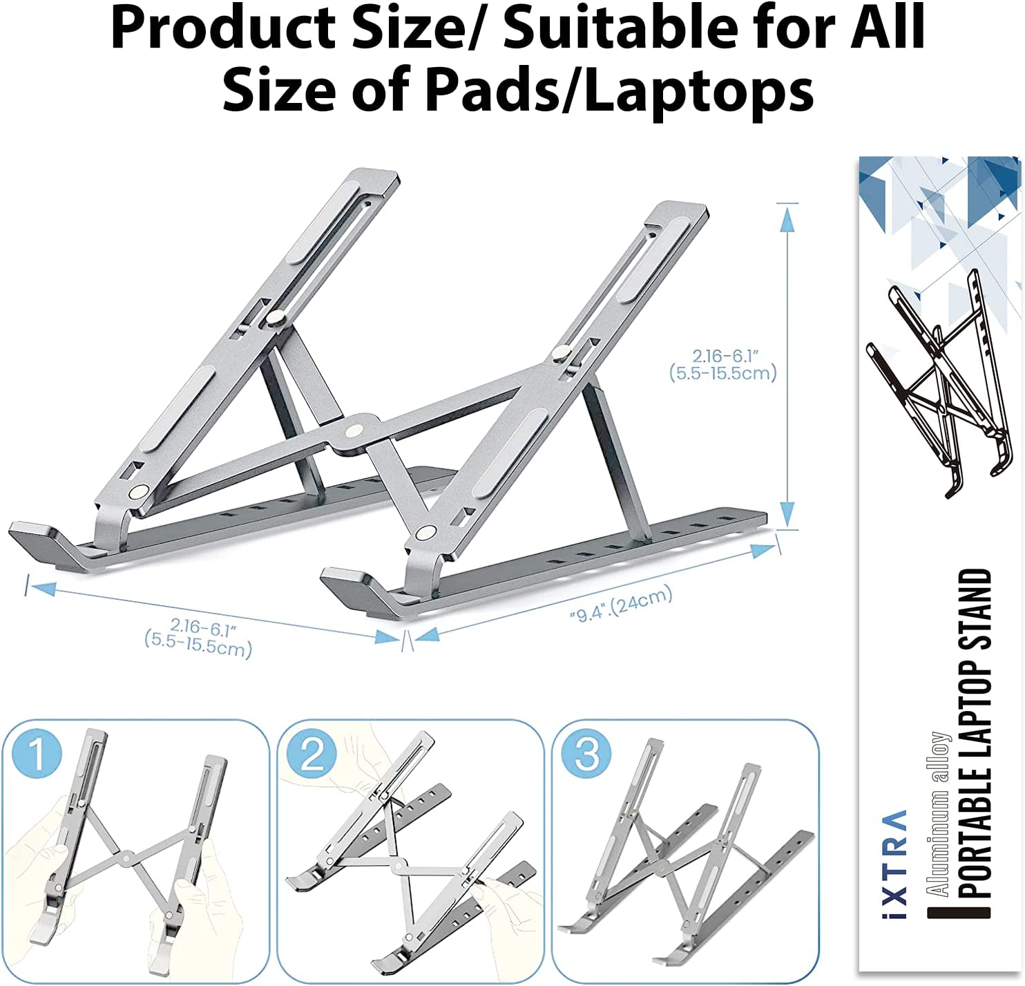 Ixtra Laptop Stand for Desk,Foldable Portable Anti-Slip Aluminum Laptop Holder with 7 Levels Height Adjustment Laptop Riser Compatible with Macbook,Ipad,Dell,10-16&rdquo; Laptops(Grey)