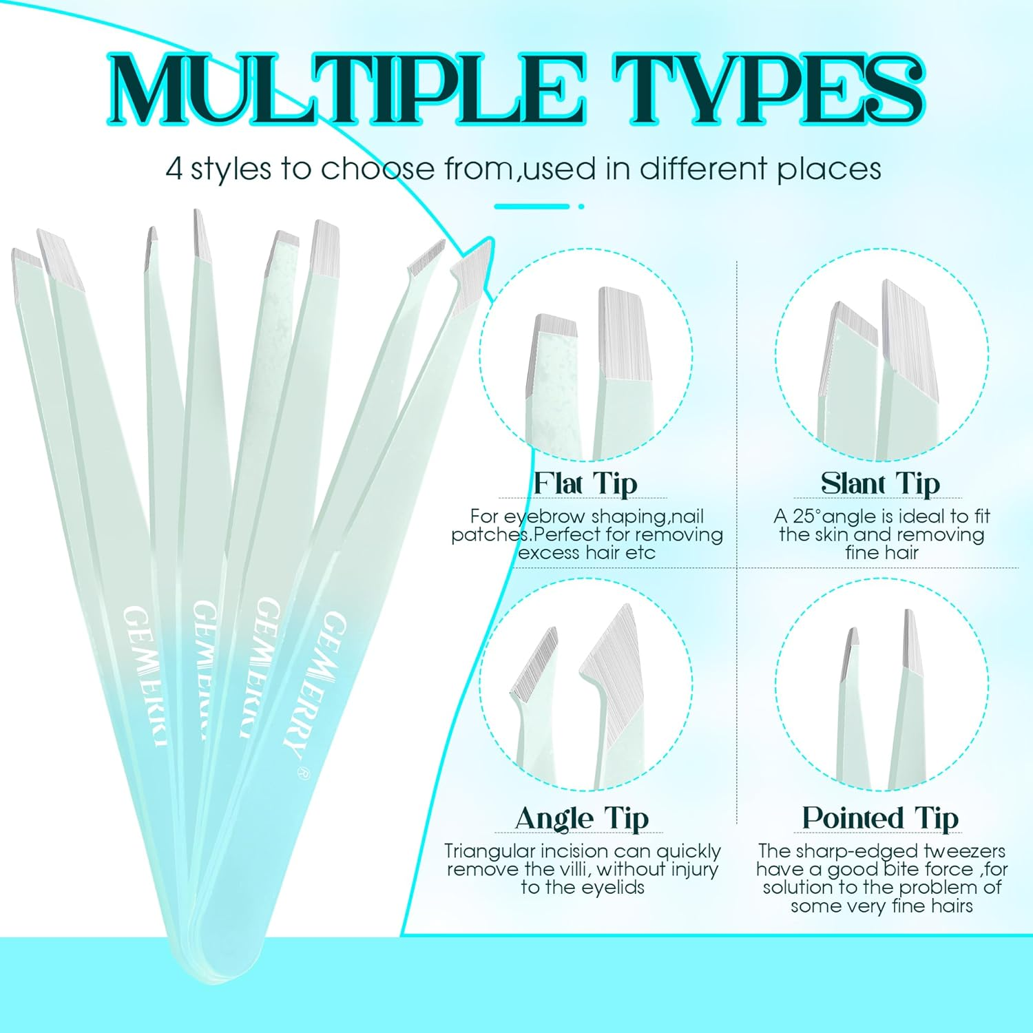 GEMERRY Tweezers Set 7Pcs for Facial Hair Women - Precision Tweezers Set with Travel Case - Stainless Steel Tweezers for Eyebrows with Scissors, Razor for Ingrown Hair (Blue) image number 4