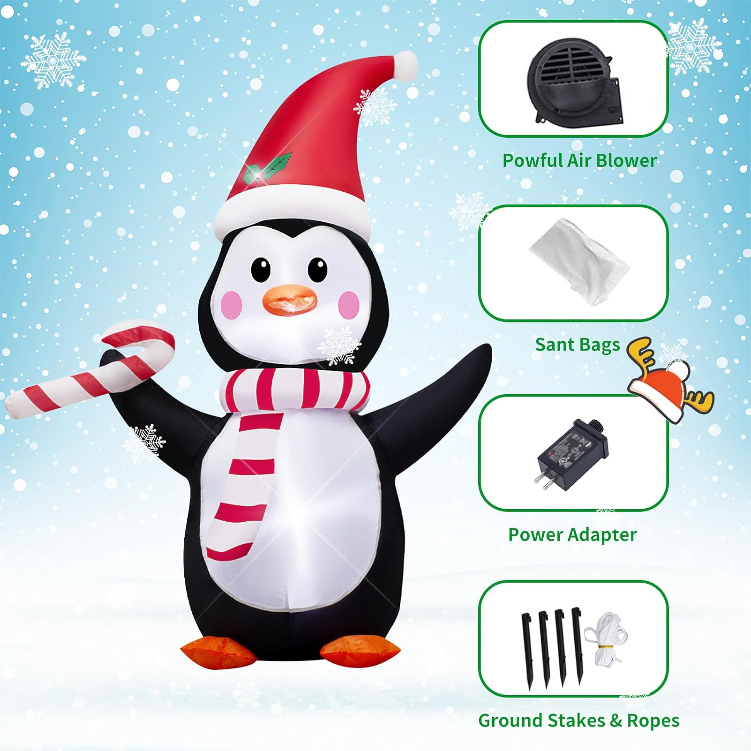 AJY 4FT Christmas Inflatable Penguin with Candy LED Lights for Xmas Blow up Indoor Outdoor Yard Lawn Decoration, Cute Fun Holiday/Christmas/Party/Yard/Garden Fantasy Party Display image number 4