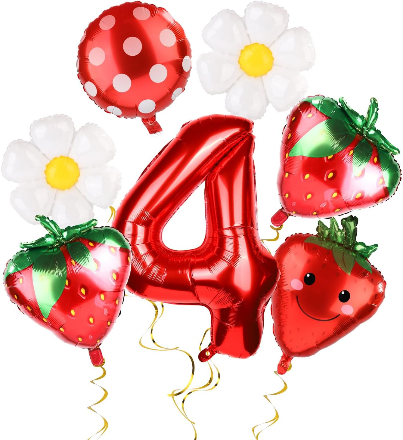 7Pcs Strawberry Party Balloons Kit, Strawberry Balloon Garland Sweet Number Strawberry Party Decorations Strawberry Foil Balloons for Birthday Backdrops (Number 4) image number 4