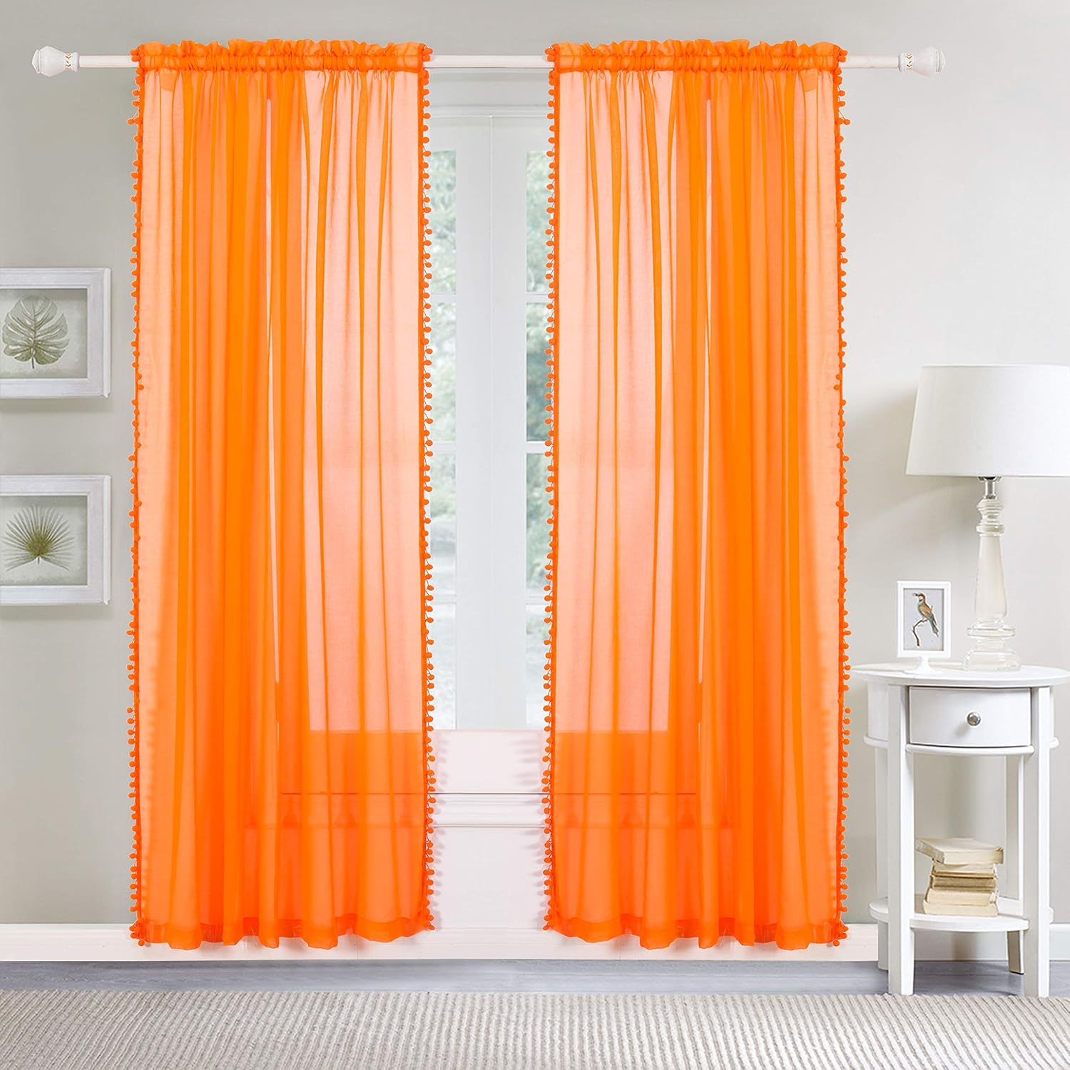 Elegant Comfort Semi-Sheer Pom Pom Tassels Curtains - 2 Panels Set - with 2Inch Rod Pocket - Solid Sheer Curtain Drapes for Living Room, Bedroom, W60 X L84, Orange image number 5