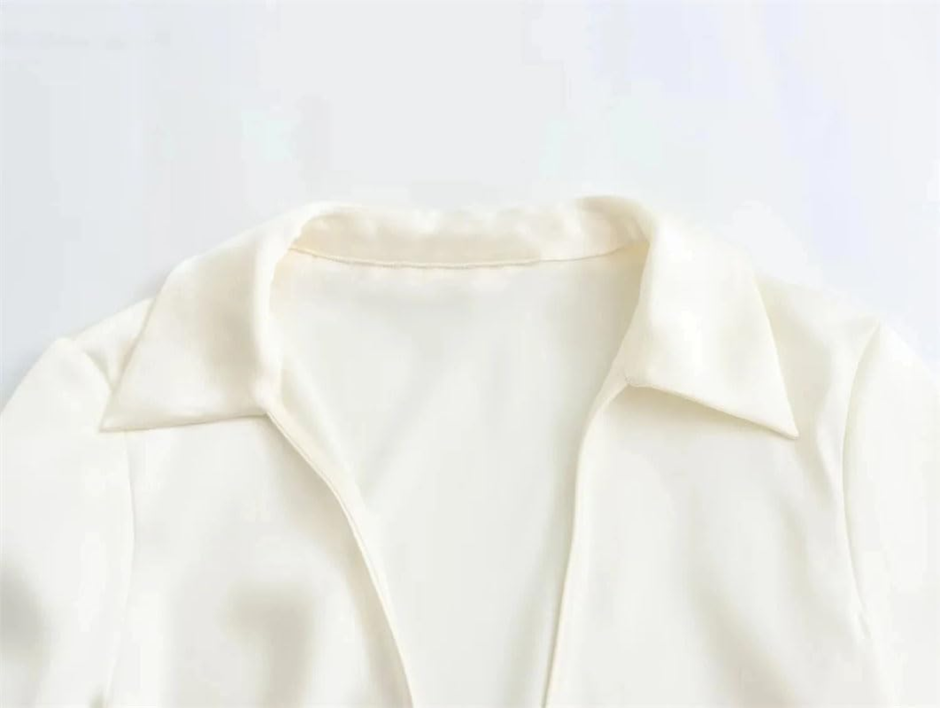 Women'S Satin Lapel Blouses Long Sleeve Bow Lace-Up Shirt Casual Slim V-Neck Tops Streetwear image number 3