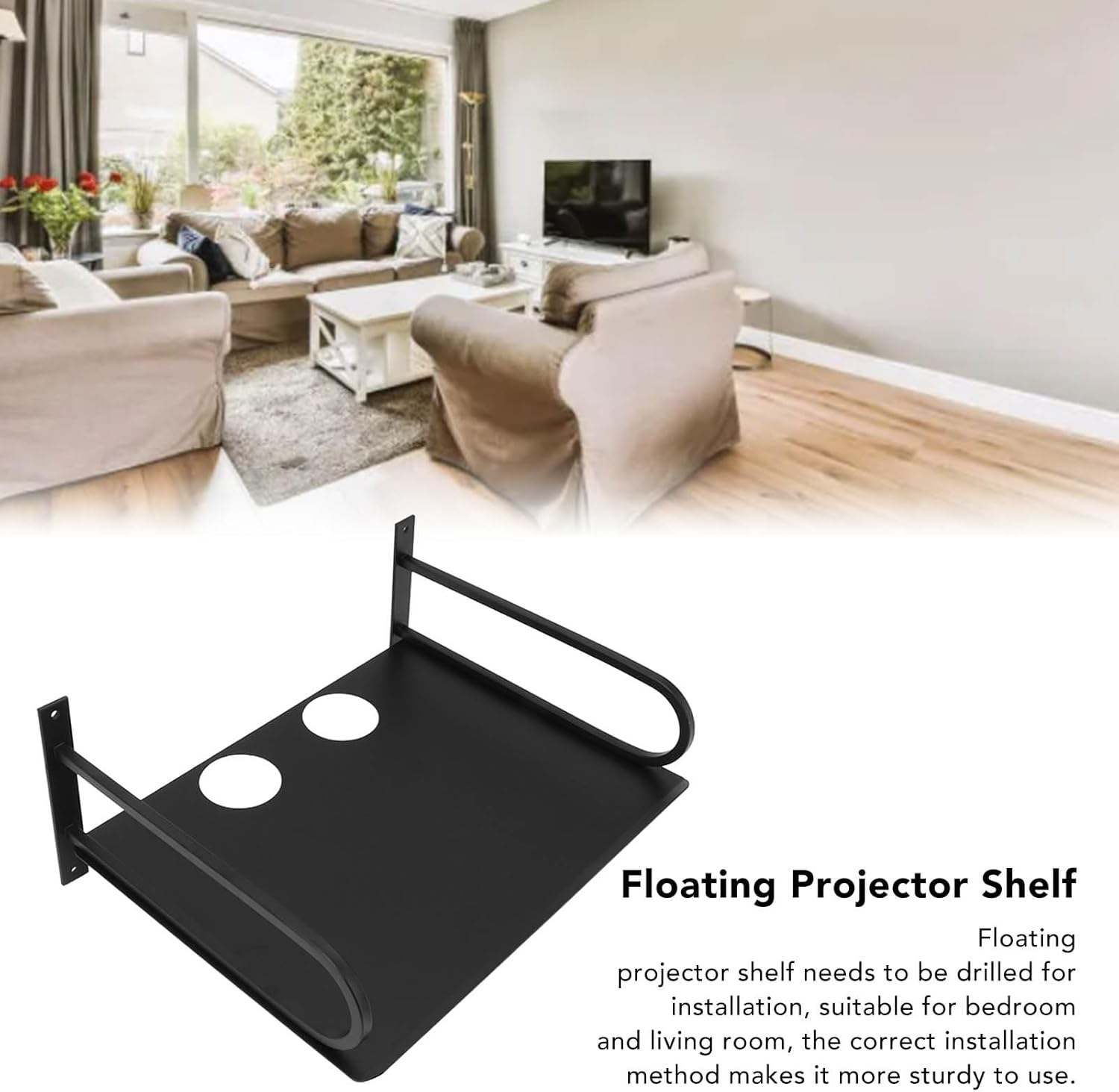 Wall Mounted Projector Shelf Projector Wall Shelf Strong Load Bearing Corner Floating Shelves, Rounded Edges TV Stand for Router TV Box DVD Player Cable Box Black Audio-Visual Shelving image number 6