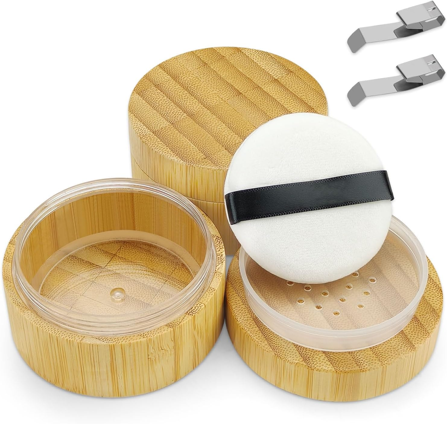 Sekonow 2 Pack Bamboo Loose Powder Container with Puff, 30Ml/1Oz Empty Dusting Powder Container Body Face Makeup Jar Case with Sifter and Screw Lid for Daily & Travel image number 4