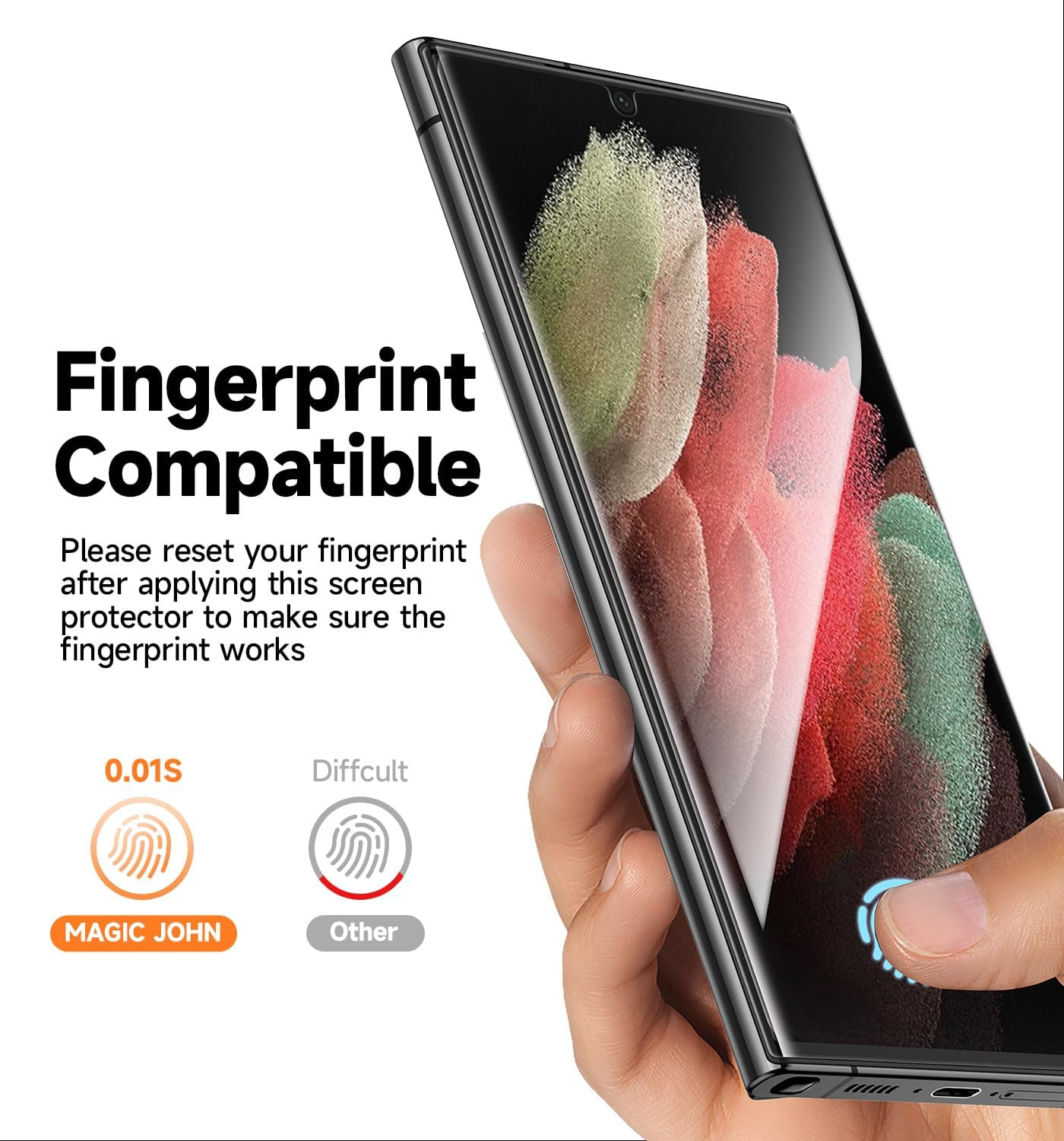 MAGIC JOHN 2 Pack Screen Protector for Samsung Galaxy S21 Ultra - PET Film, Fingerprint ID Compatible, Easy Installation, Shock-Resistant, 3D Curved, Bubble Free image number 3