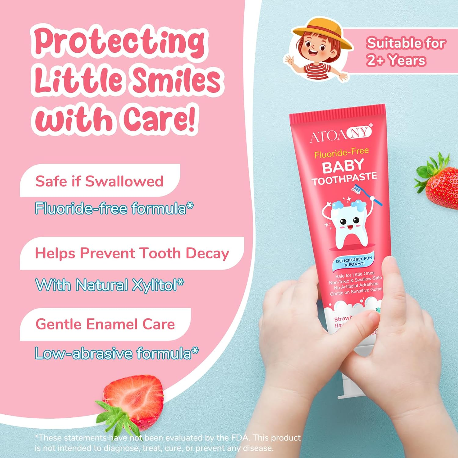 Mild Fruit Flavour Kids Toothpaste 2.1Oz, Fluoride-Free Baby Teethpaste, Natural Children'S Toothpaste, No Artificial Additives, Safe for Ages 2 and up (Strawberry Flavour 60G)