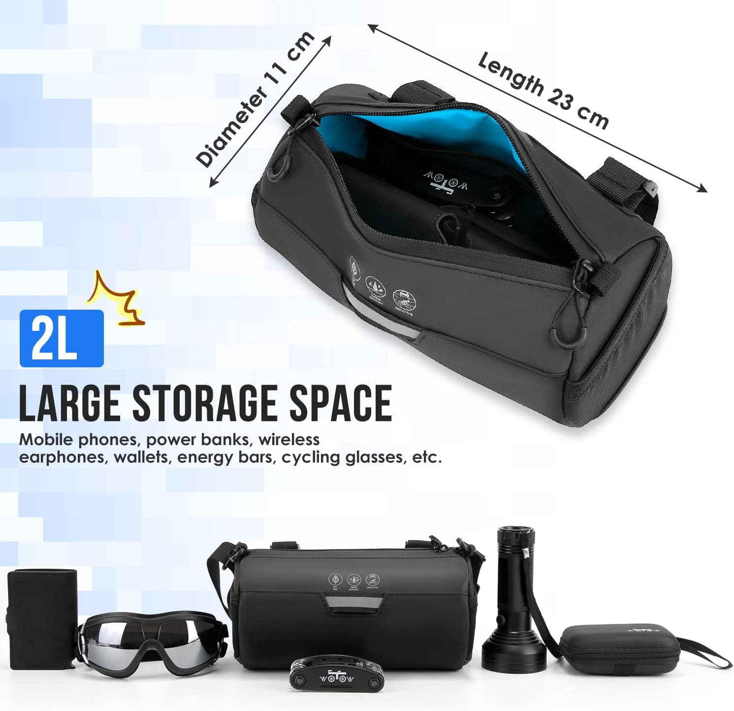 WOTOW Handlebar Bag - 2 L Bike Accessories Bike Bags for Bicycles, Reflective Bicycle Frame Bag with Shoulder Strap Removable Straps Waterproof Zipper for Cycling image number 4
