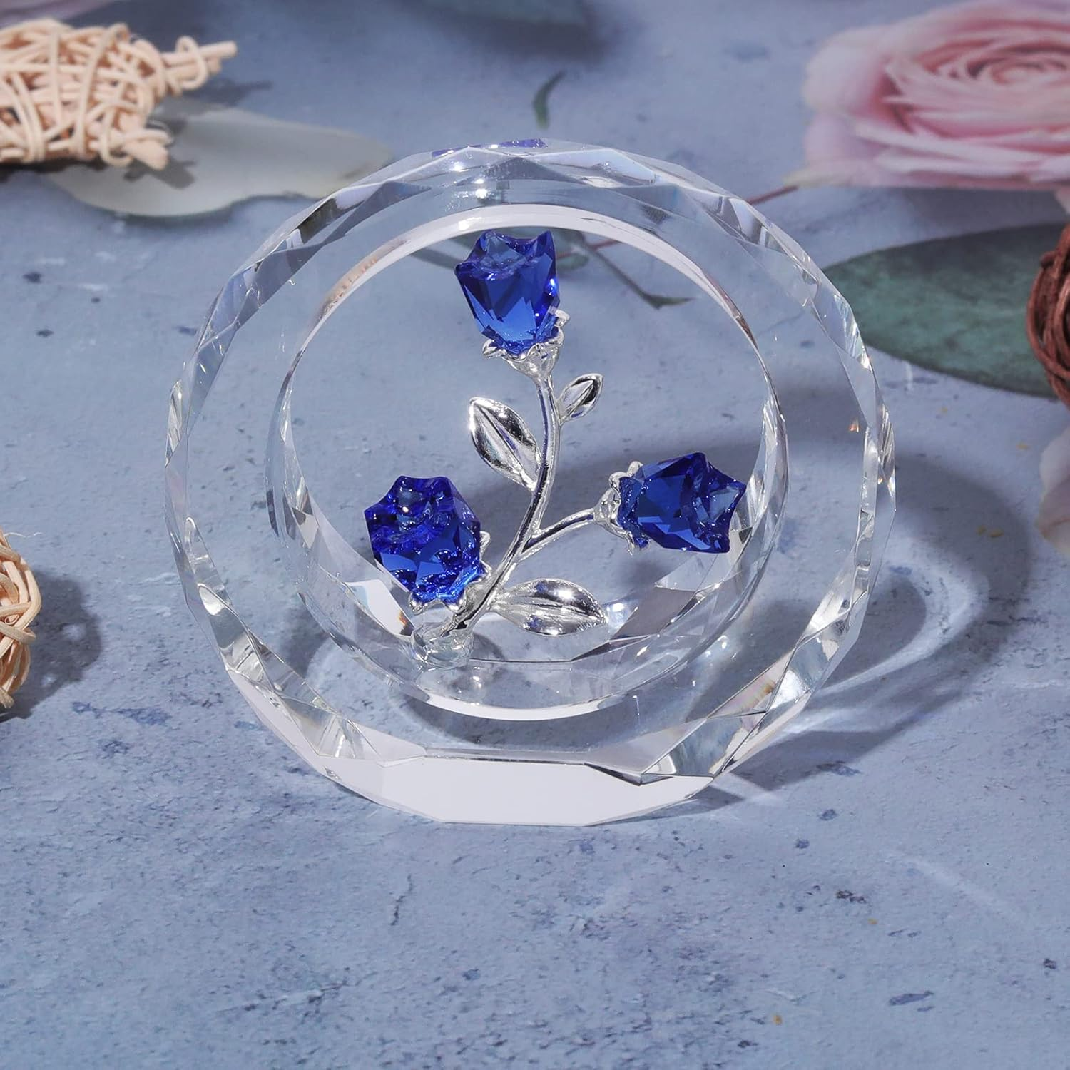 LONGWIN Crystal Tulips Flower Figurines with a Outer Circular Ring, Glass Spring Bouquet Collectible Figurines Home Decor - Gift Idea for Mothers Day, Valentine'S Day (Cobalt Blue) - Ruby image number 5