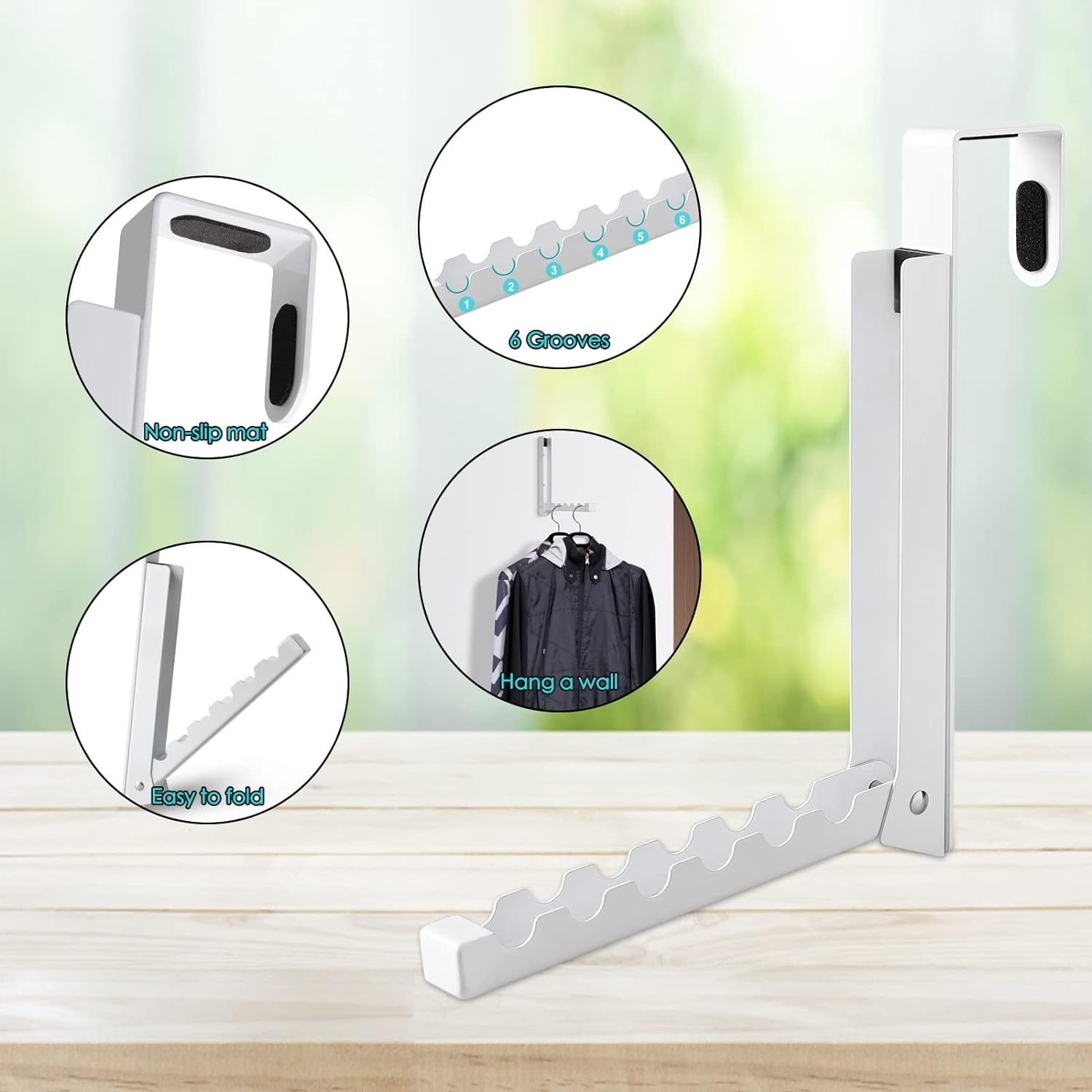 Over the Door Hooks Hanger,Foldable over Door Drying Laundry Rack Hooks for Hanging Clothes with 6 Groves over Door Towel Racks for Clothes,Coat, behind Back Bathroom, Bag and Robe 2 PCS (White) image number 5