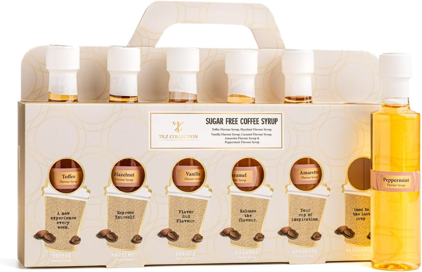 Tilz, Sugar Free Coffee Syrups Gift Set -Premium Sugar Free Syrup, Cocktail Gift Sets -Caramel Coffee Syrup, Vanilla Syrup, Hazelnut, Amaretto, Toffee, Peppermint, for Coffees, Hot Chocolate, Frappes image number 1