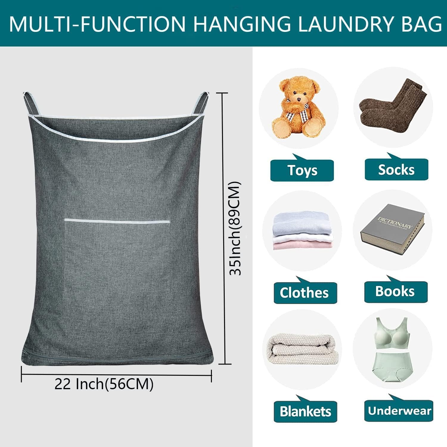 Space Saving Laundry Organizer -AUMA over the Door Hanging Laundry Hamper with 2 Stainless Steel Hooks, Oxford Fabric Large Size,Tested to Be Strong and Durable, Grey image number 2