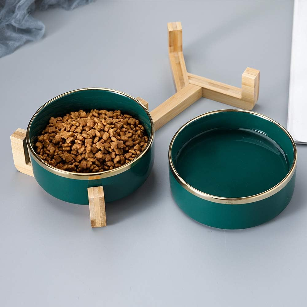 Green Gold Ceramic Cat Dog Bowl Dish with Wood Stand No Spill Pet Food Water Feeder Cats Medium Dogs Set of 2 image number 3