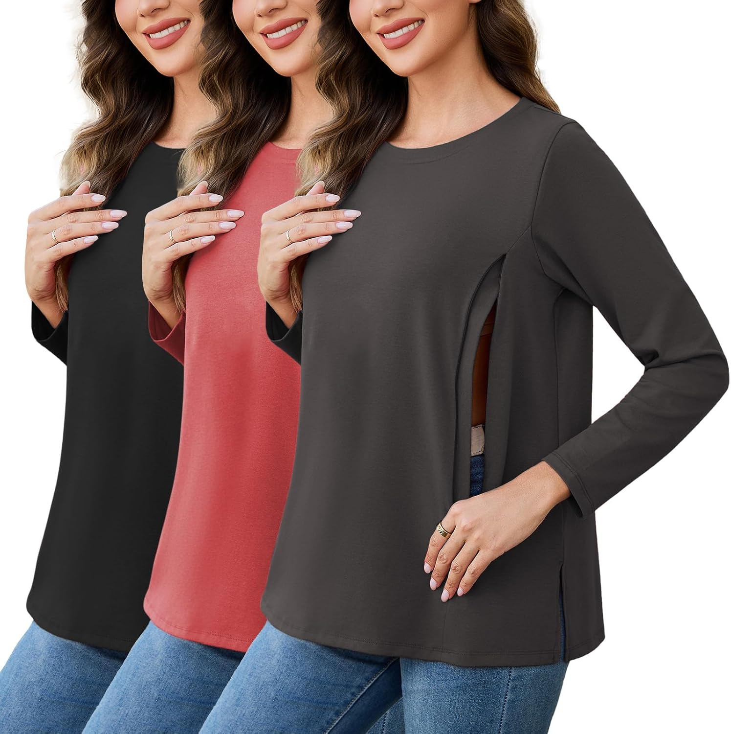 Love2Mi Pack of 3 Women'S Nursing Shirt with Zip Loose Maternity Shirt Long Sleeve Maternity Clothing Winter