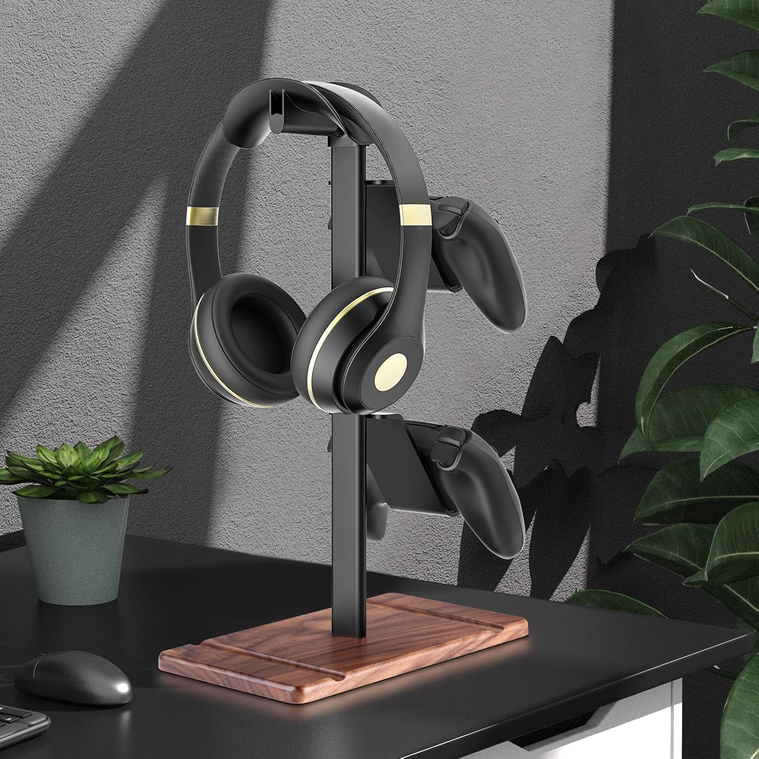 SHUOSUO Controller Holder, Walnut Wood Headphone Stand, Gaming Controller Stand for Xbox PS5 PS4 Switch, Natural Wooden Headset Holder, Universal Desk Game Accessories image number 1