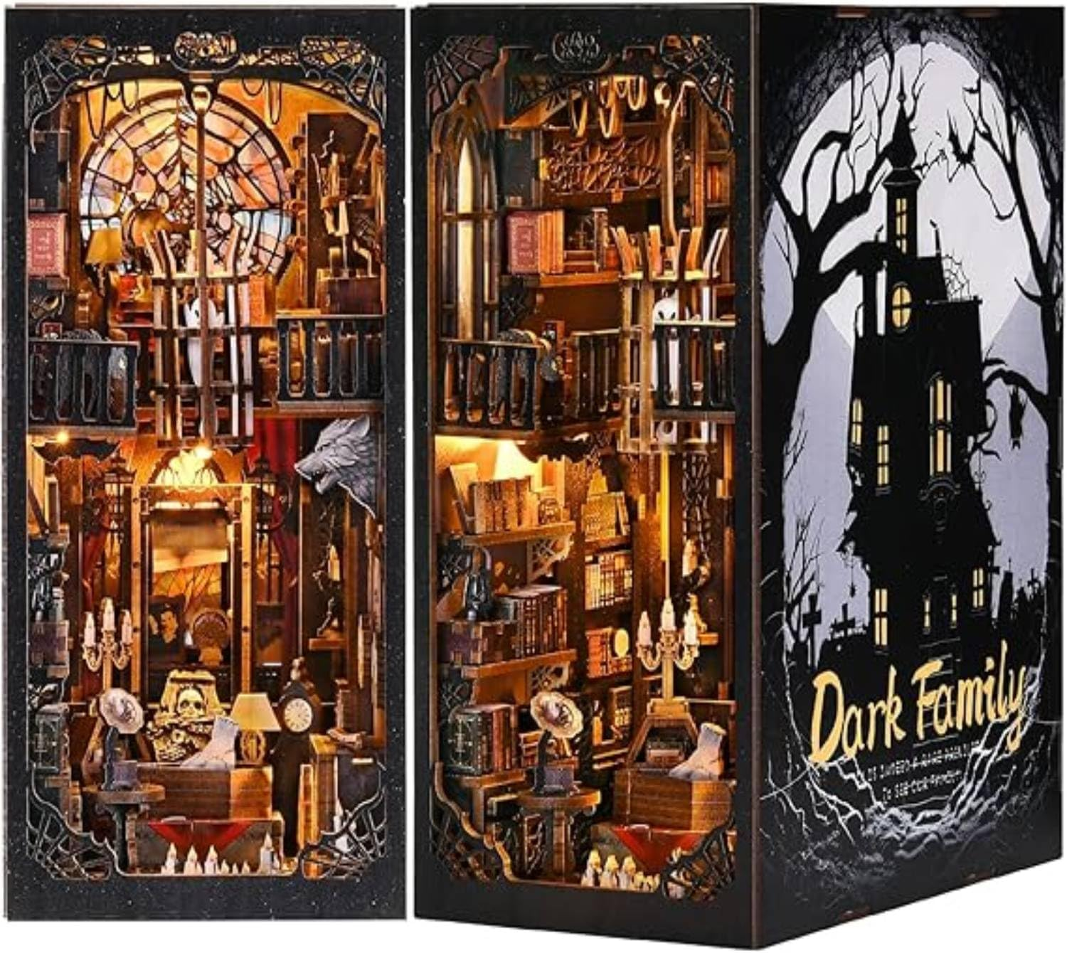 Miniature Book Nook Kit, DIY Book Nook Dollhouse Kit 3D Wooden Puzzle Book Nook for Adults, Teens and Beginners, DIY Book Nook Library Decor with LED Light Great for Birthday, Christmas (Dark) image number 4