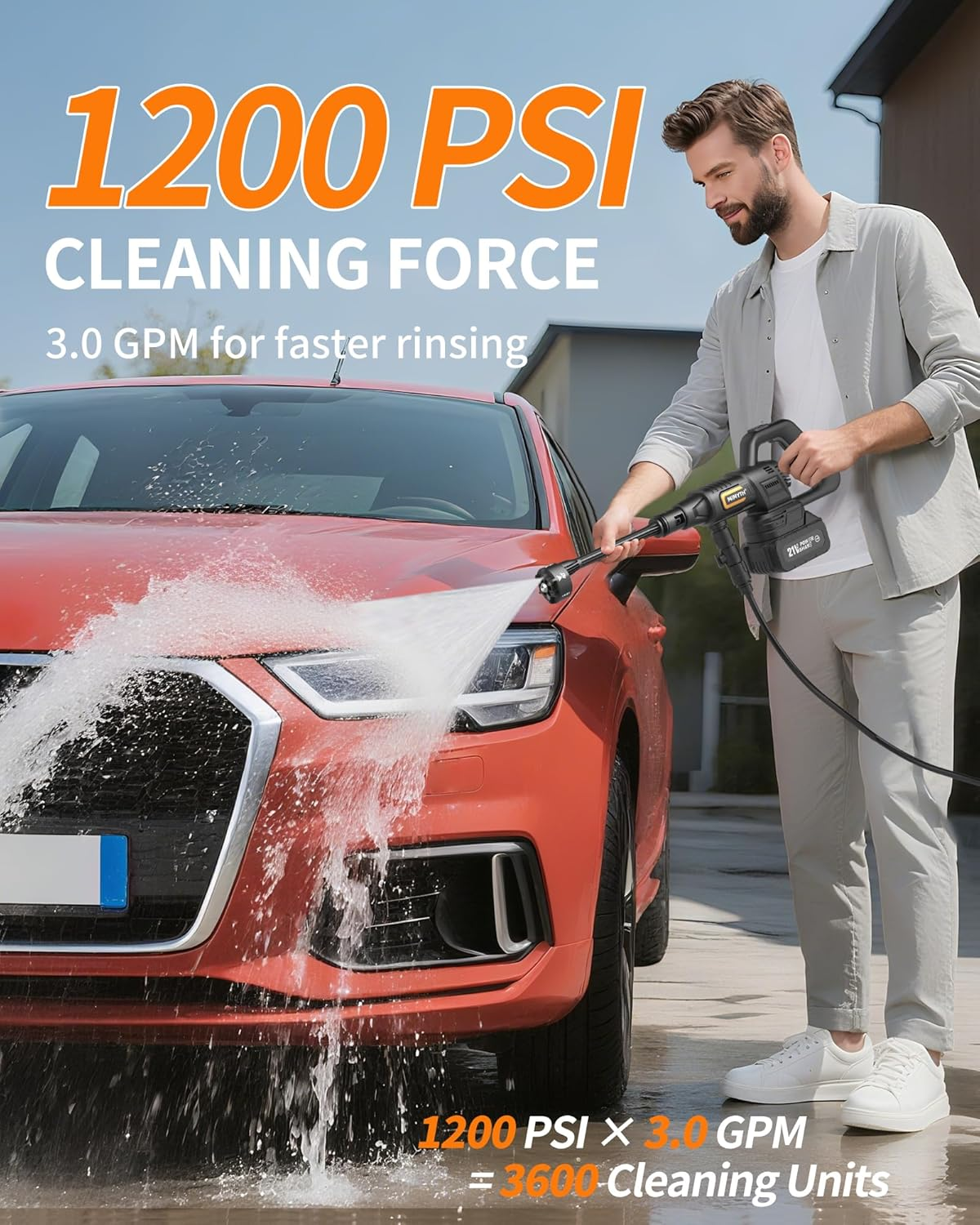 Cordless Pressure Washer Battery Powered; 1200PSI Cordless Power Washer with Brushless Motor, 4.0Ah Battery,6-In-1 Nozzle, 3 Power Level Adjustable; Handheld Portable Pressure Washer Cordless for Cars image number 6