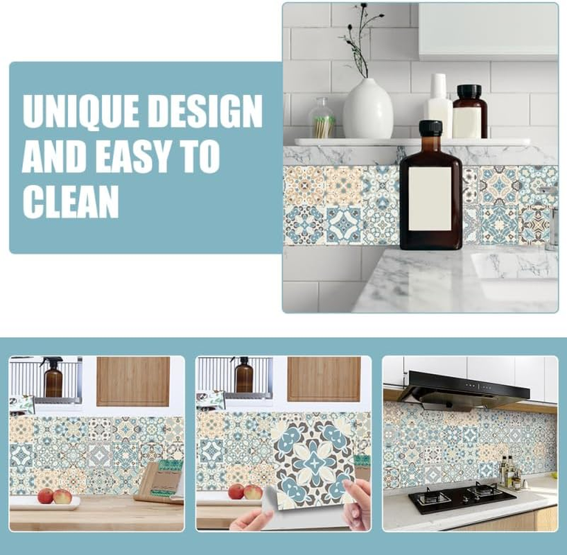 Bestonzon 24PCS Tile Stickers Stick Retro Style, 7.86Inch Wall Tiles Peel and Stick Adhesive Decals, Removable Decorative Tile Stickers Traditional DIY Murals Tile Stickers for Kitchen Bathroom