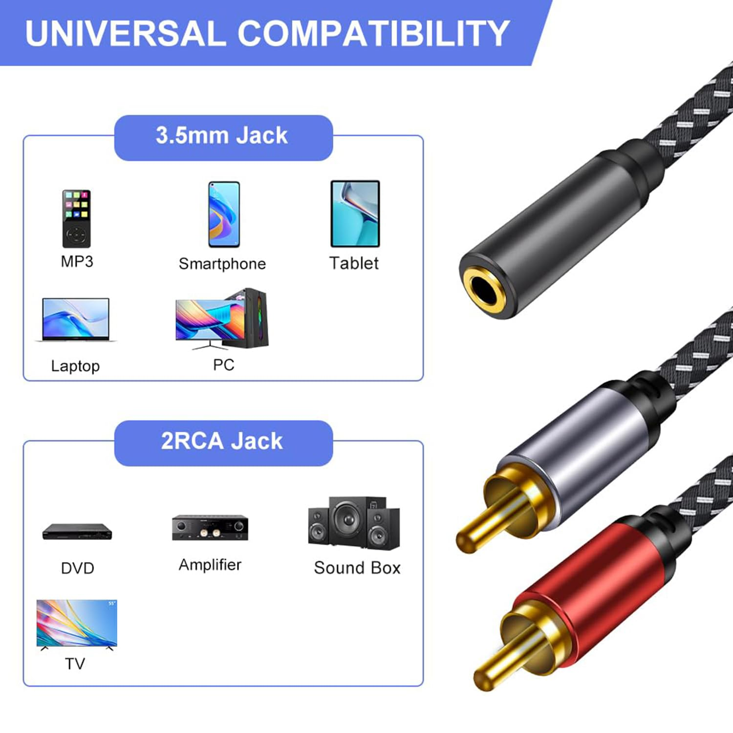 3.5Mm AUX Female to 2 RCA Male Cable: 0.3M Braided Double Layer Shielded Zinc Alloy Stereo Audio Y Cable Splitter Adapter Compatible for Tv,Smartphones, MP3, Tablets, Speakers,Home Theater