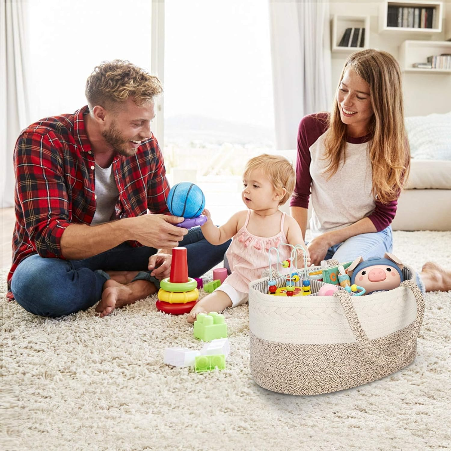 ATDORO Baby Diaper Caddy Organizer, X-Large Cotton Rope, Rustic Style, Portable, 3 Compartments Large Storage Basket image number 6