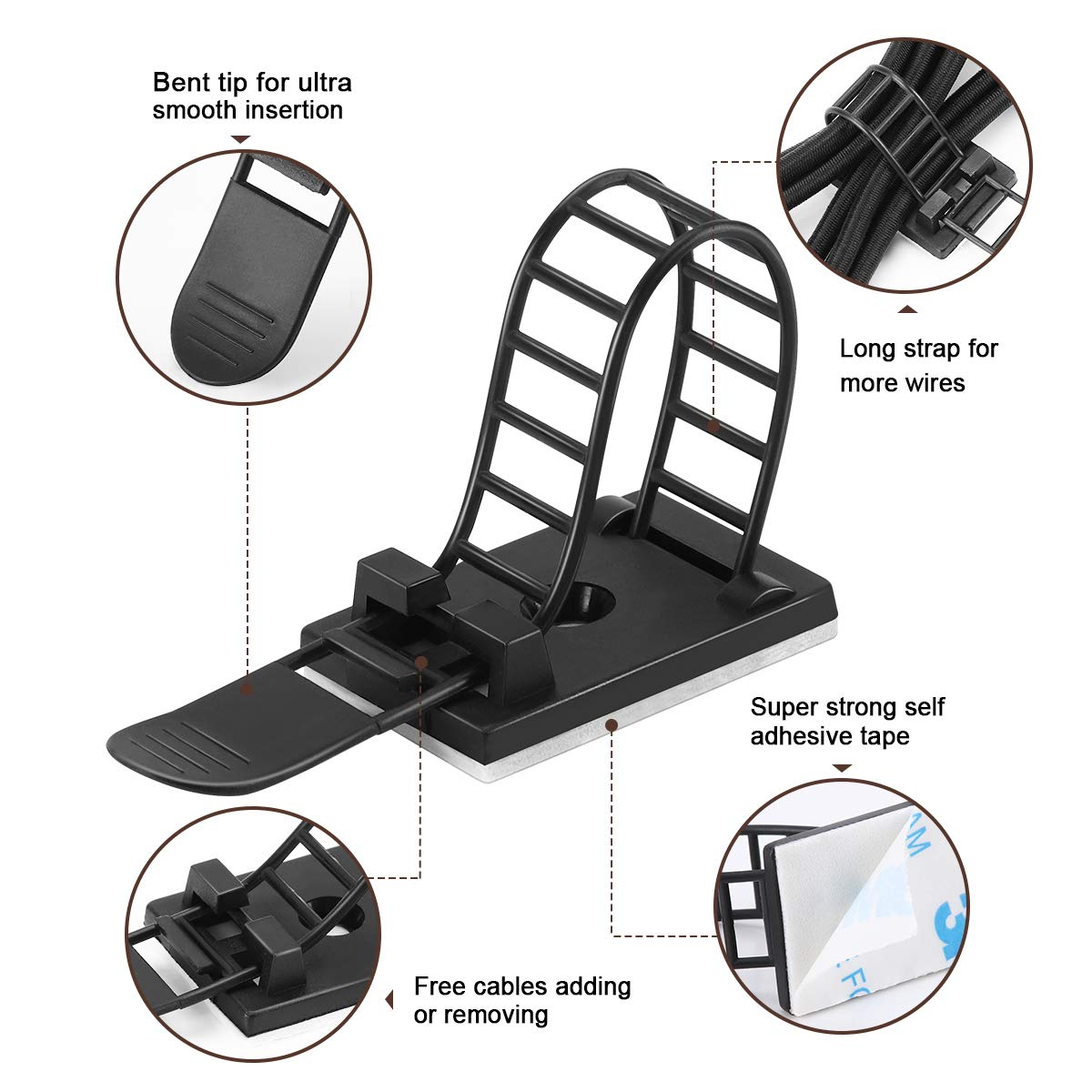 Adhesive Cable Management Clips, 100Pcs Adjustable Nylon Cable Strap Ties Wire Clips Clamps Organizer with Strong Adhesive Tape, Extra Screw & Hole for Strong Fixation Home Office - 3.35 Inch Black