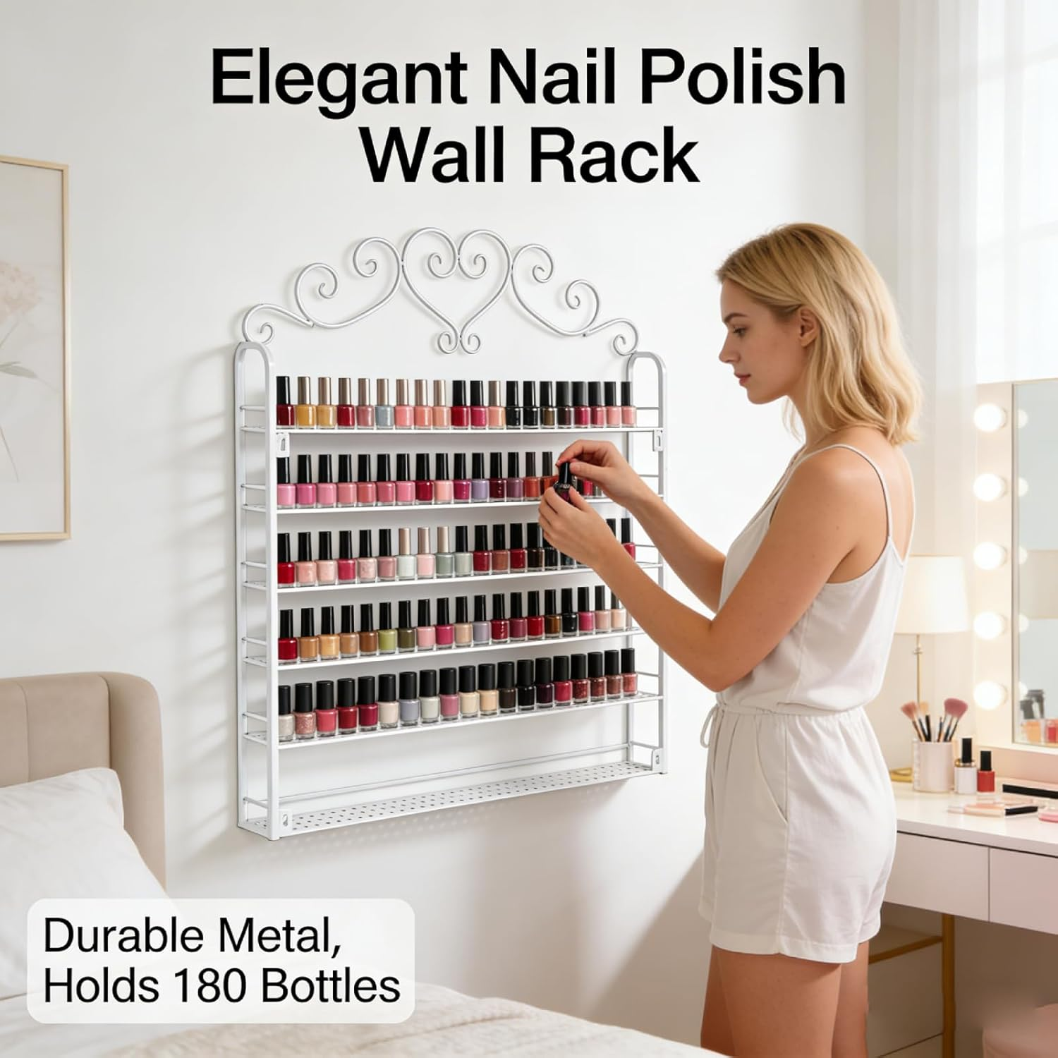 NUMNBE 6-Tier Metal Nail Polish Storage Elegant &ndash; Large 180-Bottle Nail Polish Holder, Space-Saving Display Shelf for Salon & Home, Durable Wall-Mounted Nail Polish Organiser in White