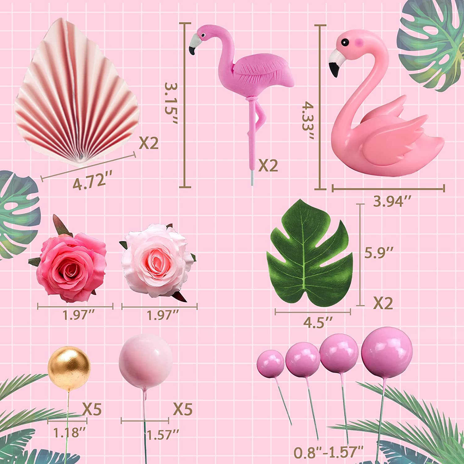 Jevenis Flamingo Cake Decoration Palm Leaves Cake Topper Gold Pink Balls Cake Decoration Rose Cake Topper Flamingo Tropical Party Supplies