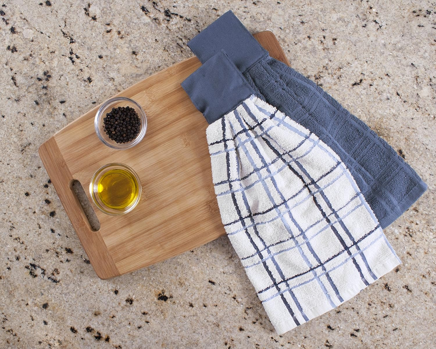 Ritz Premium 100% Cotton Solid and Multi Check Kitchen Tie Towel, Absorbent, Super Soft, and Fast Drying Hang Towel, Set of Two, Federal Blue