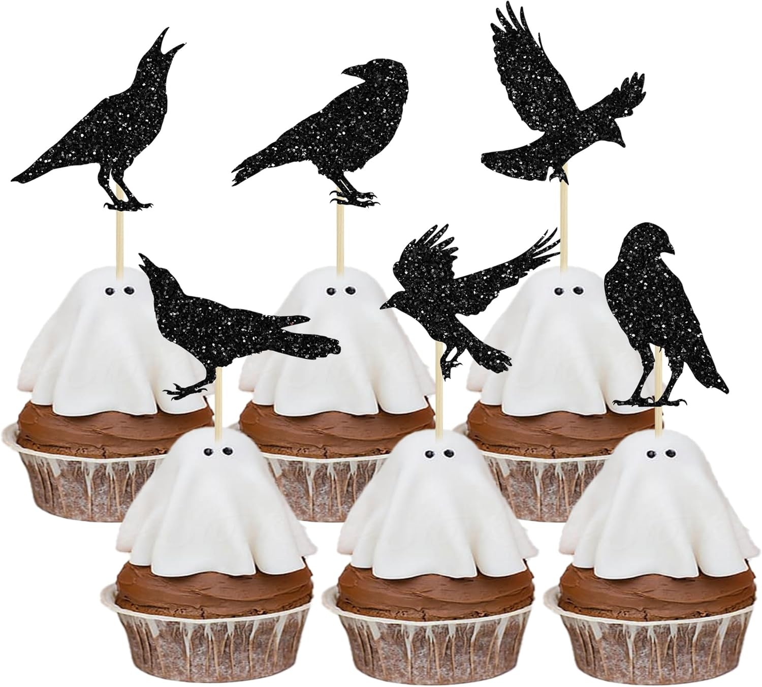 24Pcs Black Crow Cupcake Toppers Glitter Raven Halloween Cupcake Picks for Horror Crow Halloween Theme Birthday Party Cake Decorations Supplies