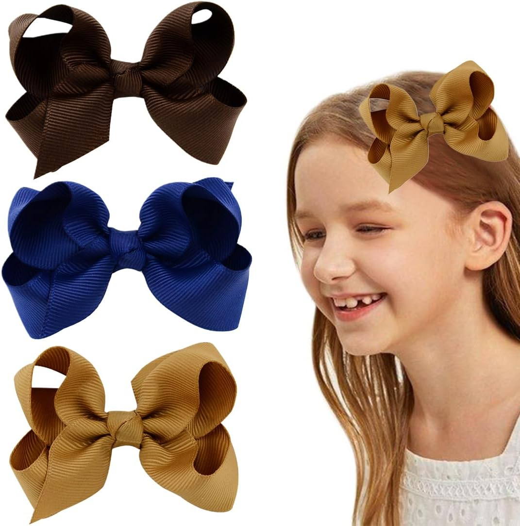 YOCDNOV Pack of 6 Bows Hair Clips - Ponytail Clips 3 Inches, Duckbill Hair Bow for Teenage Girls Hair Accessories (Dark Blue + Light Brown + Dark Brown) image number 1
