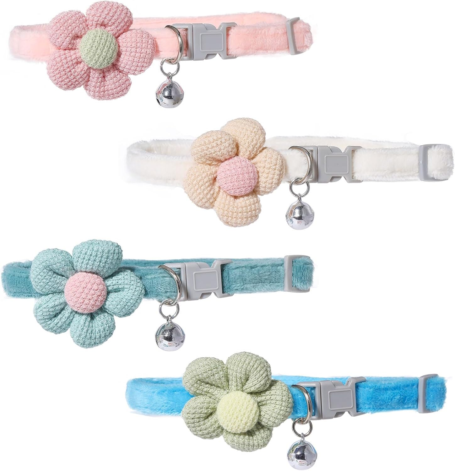 GLOBLELAND 4 Pieces 4 Styles Knitted Cat Collars with Bells Cute Kitten Flower Collars Pet Necklace Accessories with Safety Clasp Adjustable Safety Collar image number 2