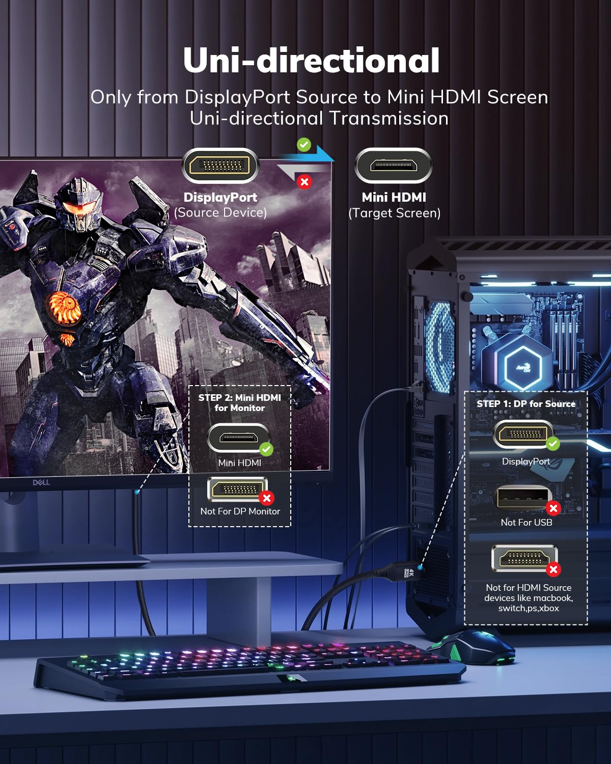 4K Displayport to Mini HDMI Cable 3FT, DP to Mini HDMI Male Video UHD 1440P/2K@120Hz,4K@30 Nylon DP to Mini HDMI Uni-Directional Cord for Dell, Desktop, AMD, NVIDIA, Lenovo, HP, Thinkpad